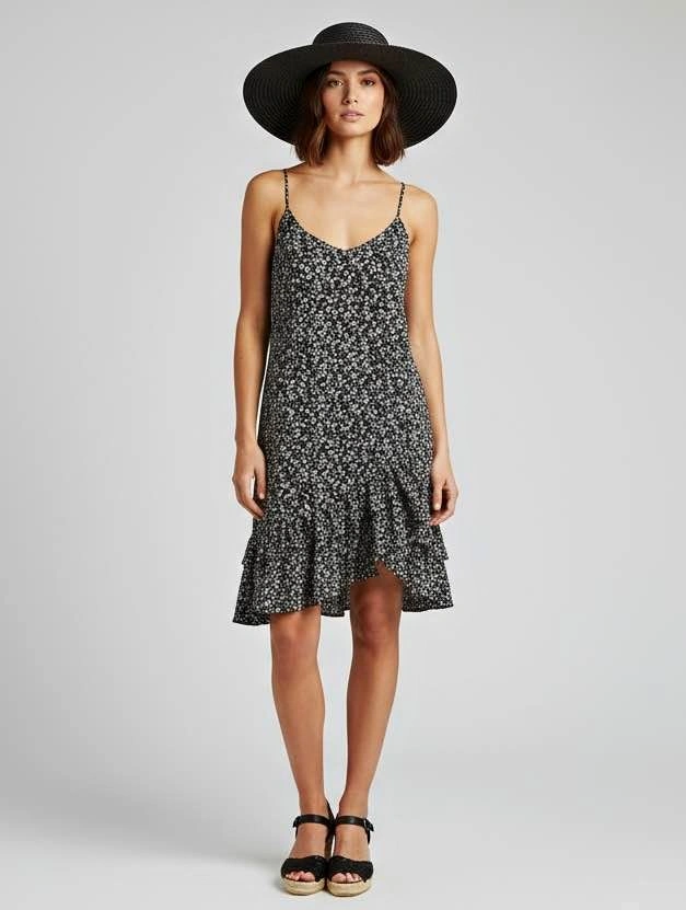 NEW DEX Black White Size Small Ditsy Floral Ruffle Hem Spaghetti