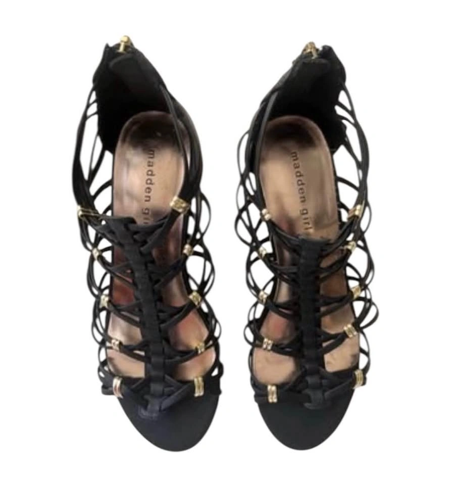 Madden Girl Black Size 9 Gladiator Wedge Sandals Women Gold Acce - photo 5