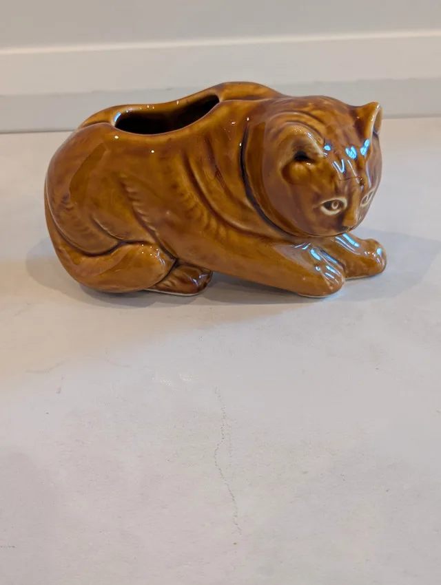 Vintage Small Ceramic High Gloss Ginger Cat Planter thumbnail
