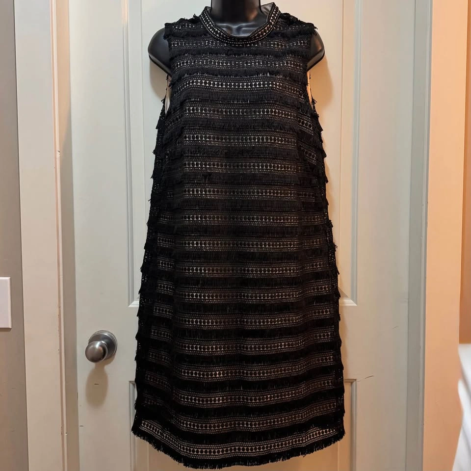 J. Crew Little Black Dress Tiered Fringe Lace Sleeveless - Size - photo 5