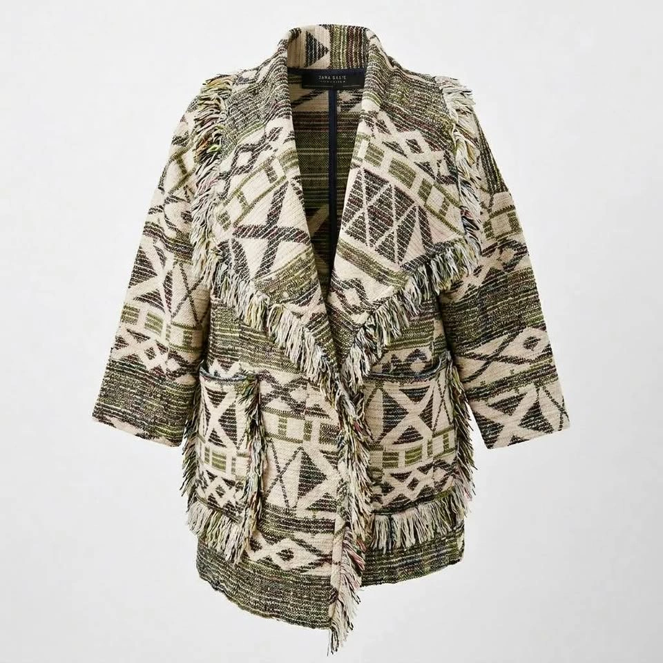 Zara Tribal Geometric Fringe Knit Cardigan Jacket - Oversized Bo