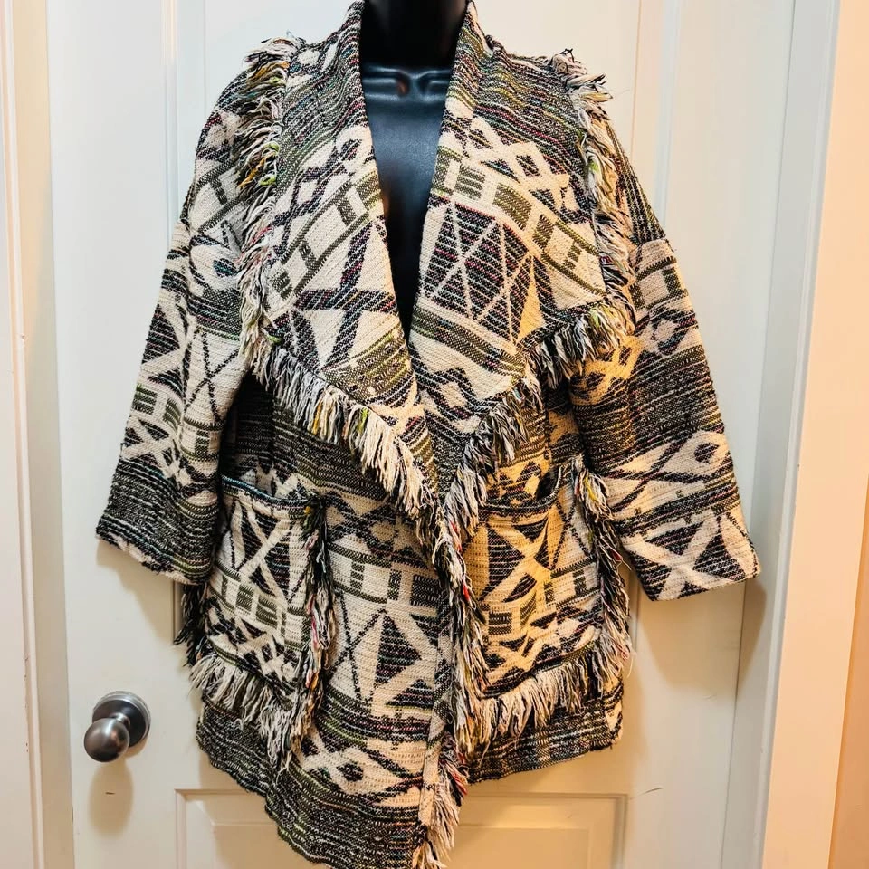 Zara Tribal Geometric Fringe Knit Cardigan Jacket - Oversized Bo - photo 4