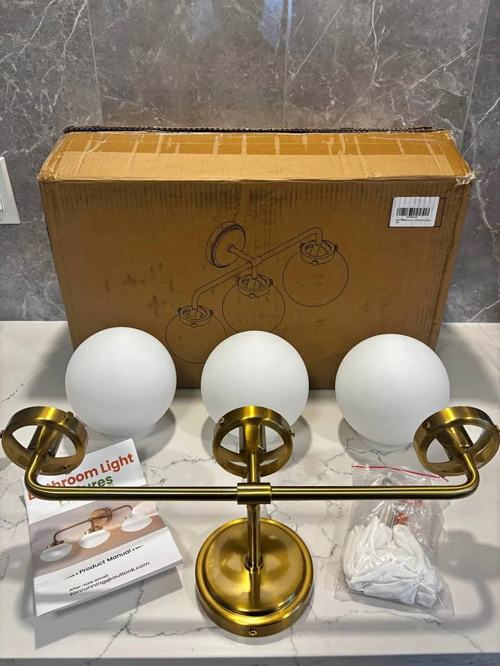 Modern Gold 3-Light Wall Sconce with Milky Glass Shades