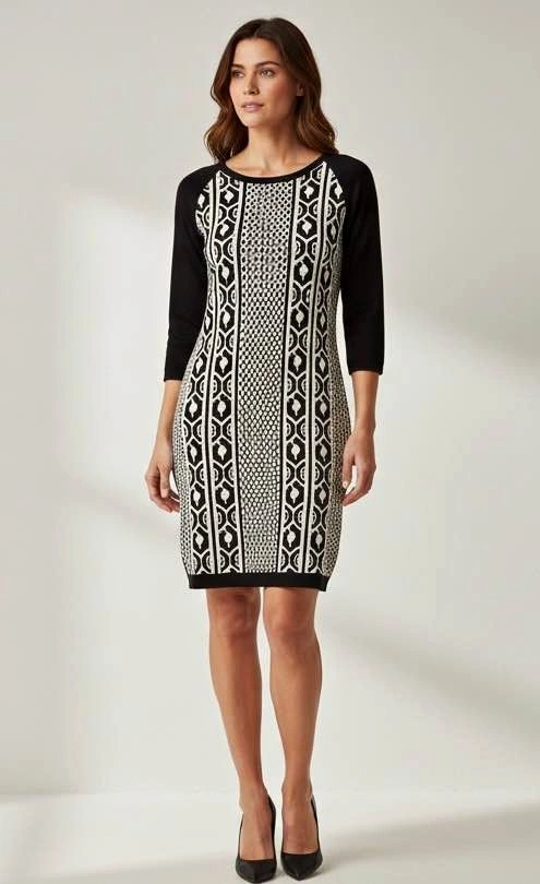 NEW JESSICA Size 12 Black Geometric Knit Midi Dress