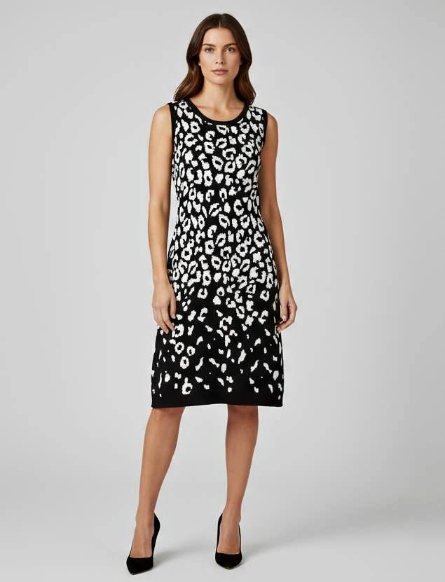 NINA LEONARD Medium Black White Leopard Print Sleeveless Knit Mi