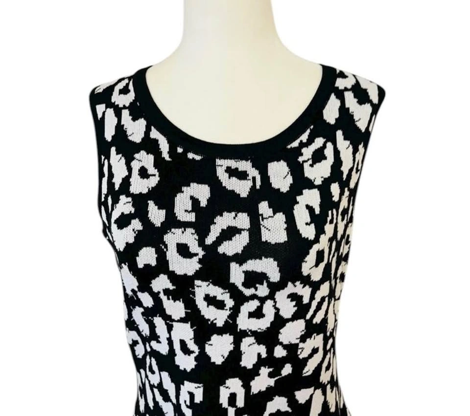 NINA LEONARD Medium Black White Leopard Print Sleeveless Knit Mi - photo 4