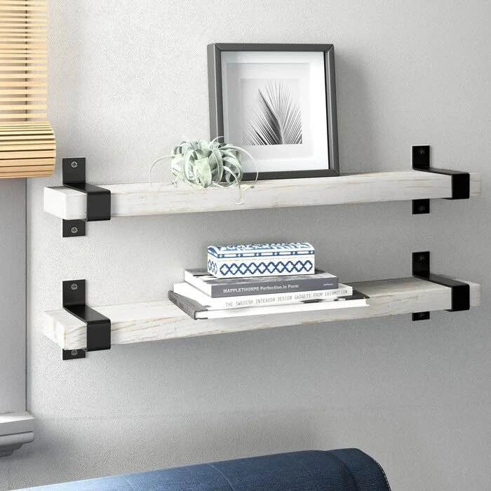 Abasi 2 Piece Pine Solid Wood Bracket Shelf. Floating white shel - photo 3