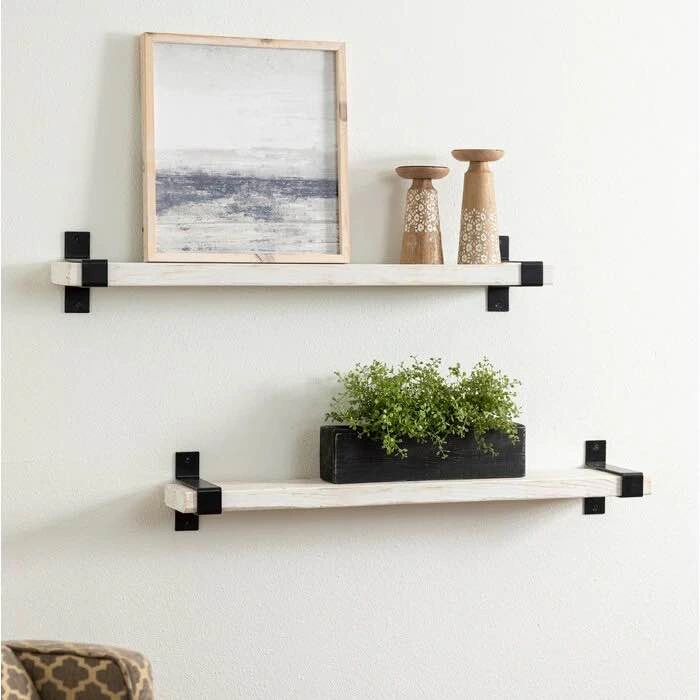 Abasi 2 Piece Pine Solid Wood Bracket Shelf. Floating white shel - photo 4