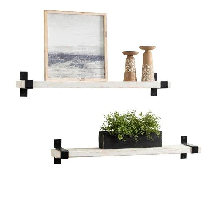 Abasi 2 Piece Pine Solid Wood Bracket Shelf. Floating white shel - photo 5