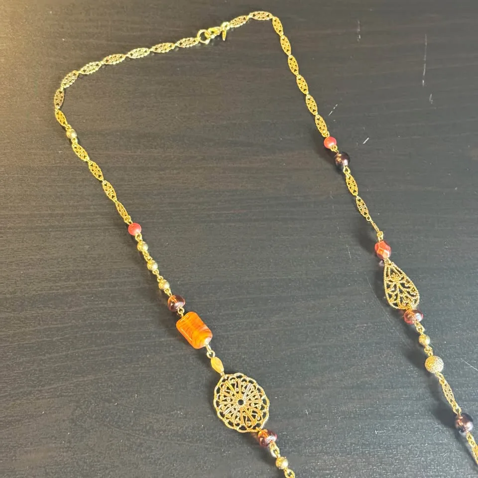 Avon Station Necklace (Signed Vintage, Beaded, Gold Tone, Red) image indicator(6)