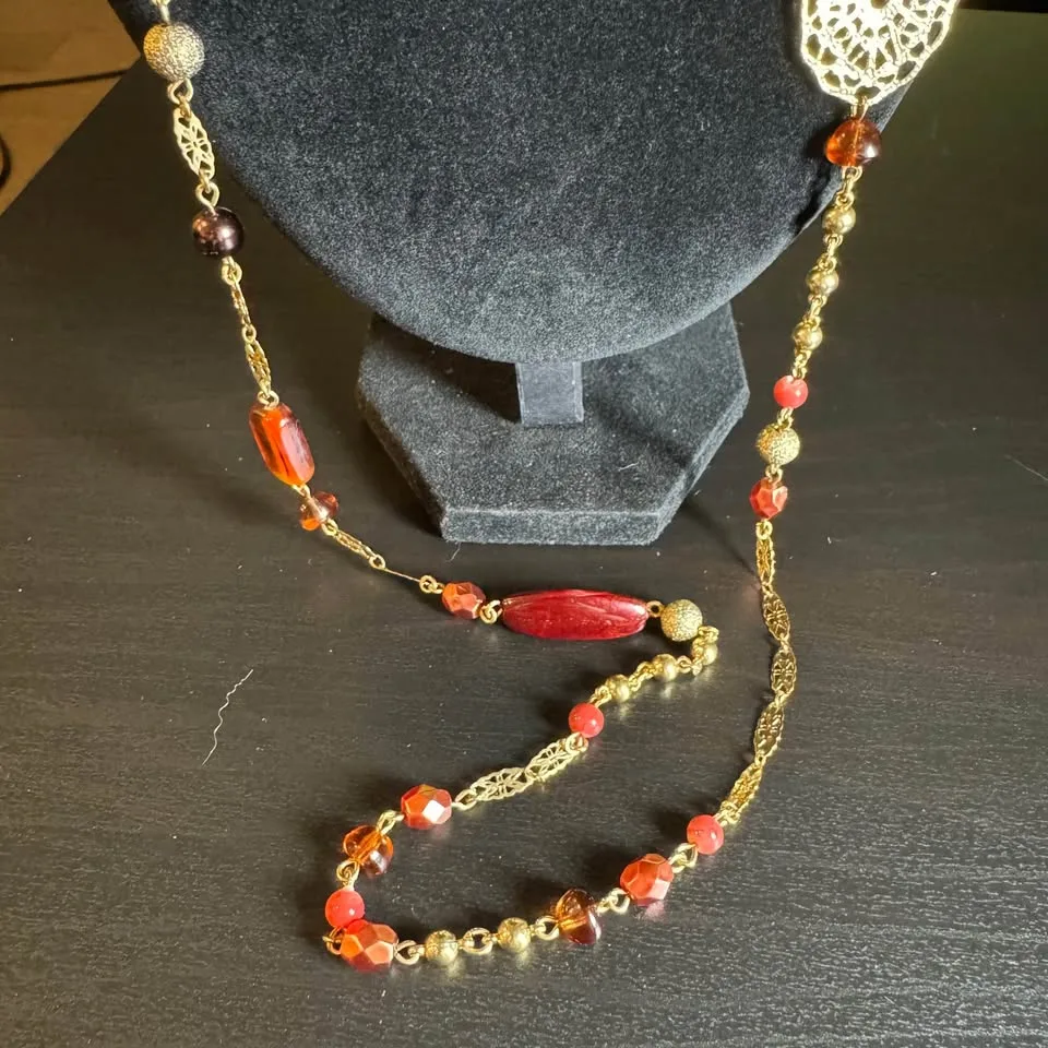 Avon Station Necklace (Signed Vintage, Beaded, Gold Tone, Red) image indicator(10)