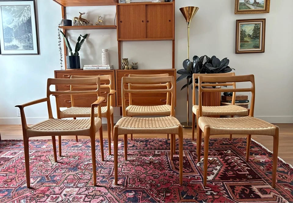 6 Danish Teak 1960s Paper-cord Dining Chairs