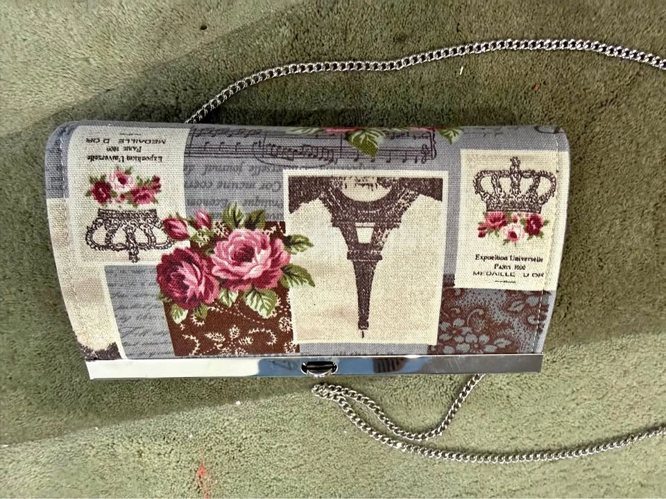 Paris Theme Roses Eiffel Tower Clutch Bag Wallet with Chain Stra