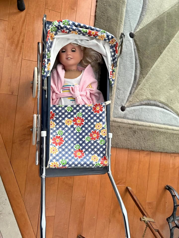 Vintage Doll Stroller Pram Blue Gingham Floral