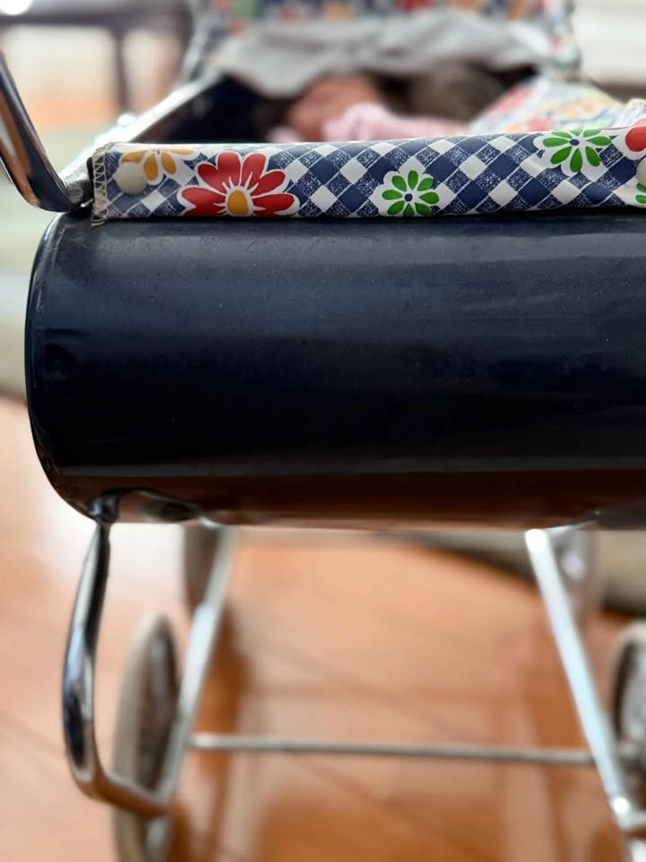 Vintage Doll Stroller Pram Blue Gingham Floral - photo 4