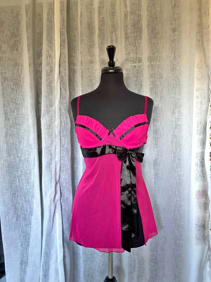Hot Pink Babydoll Lingerie Top – Black Satin Bow – Y2K / Coquett