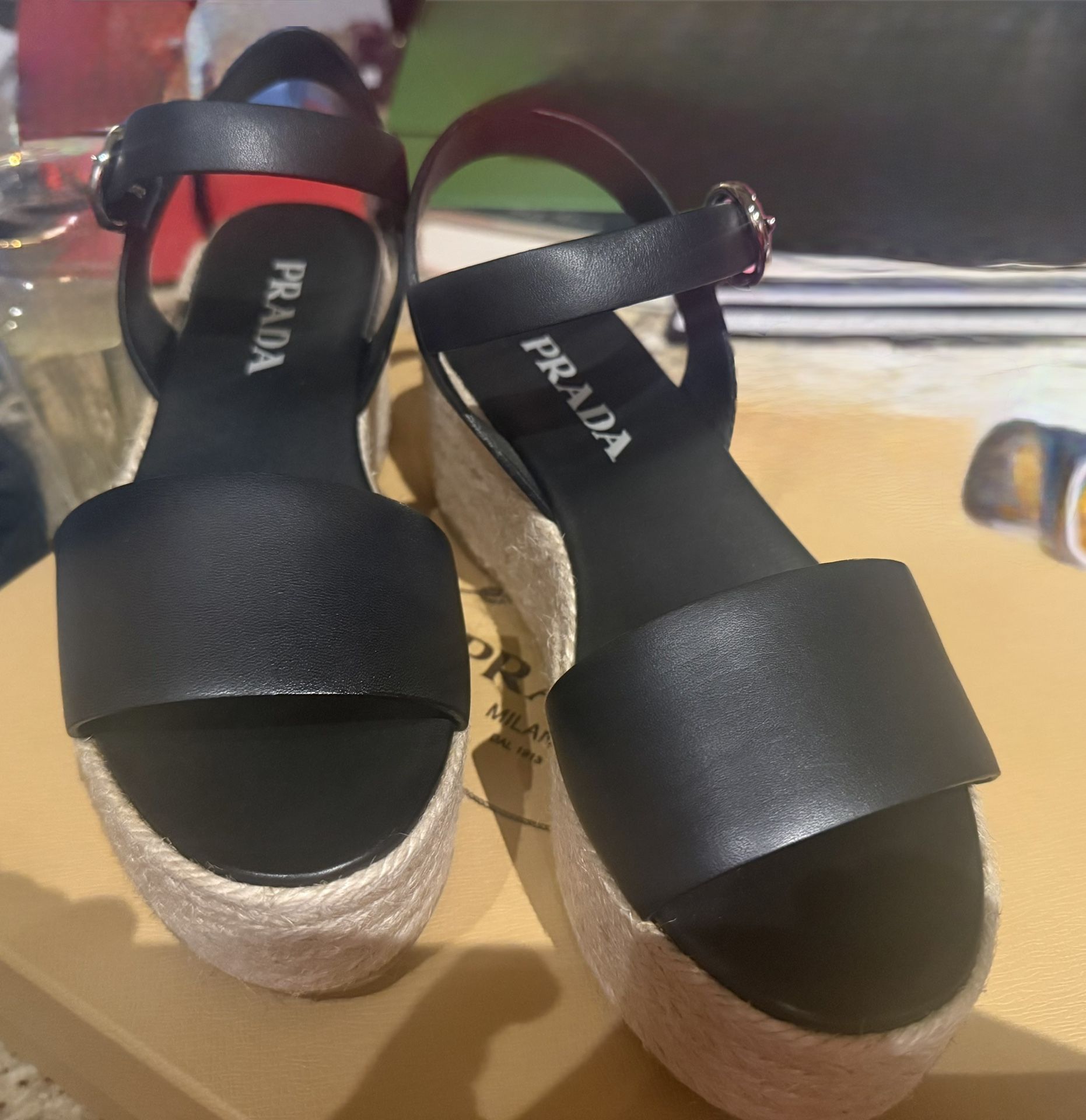 Prada Leather Espadrille Platform Wedge Sandals - photo 4