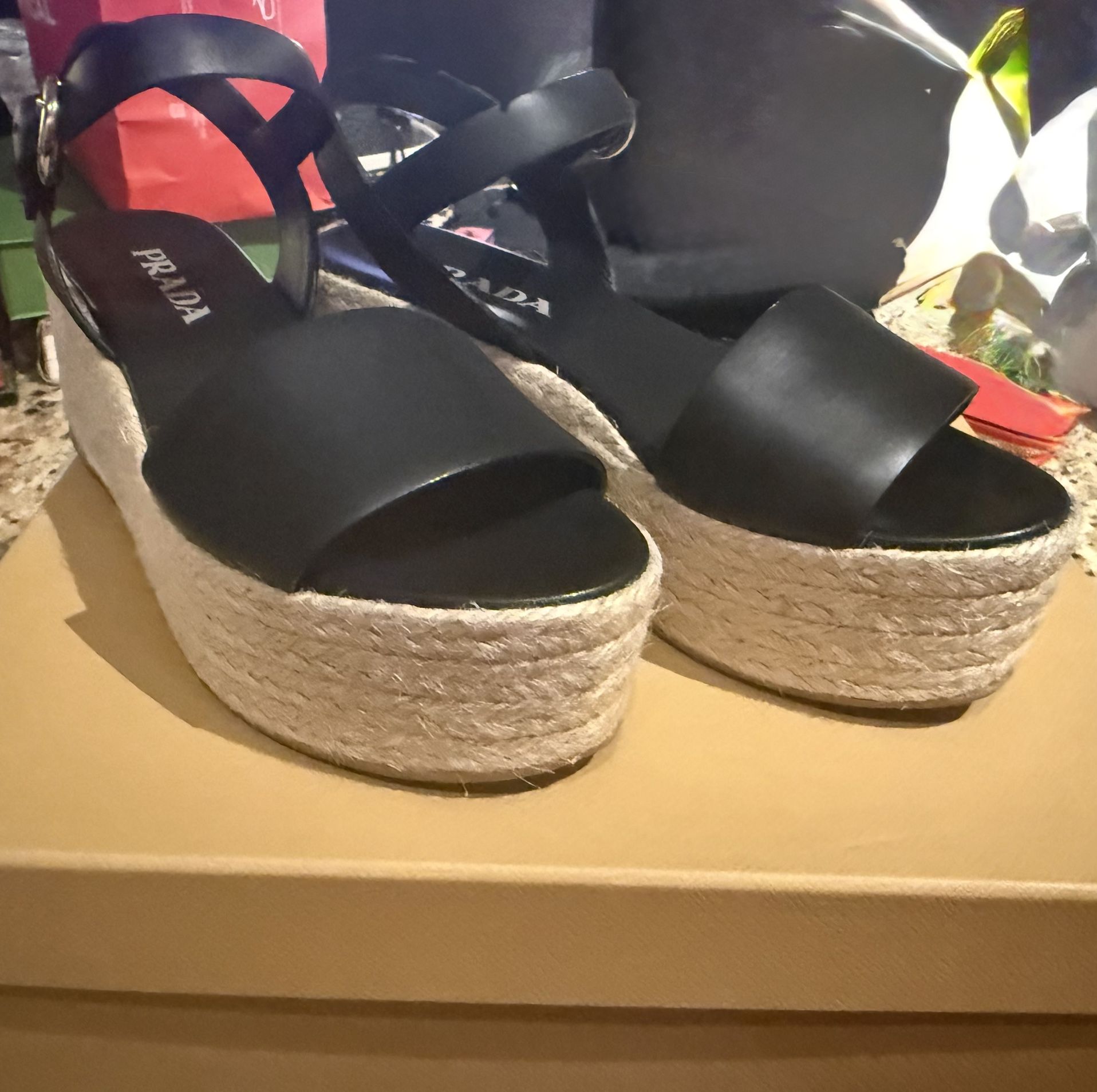 Prada Leather Espadrille Platform Wedge Sandals - photo 5