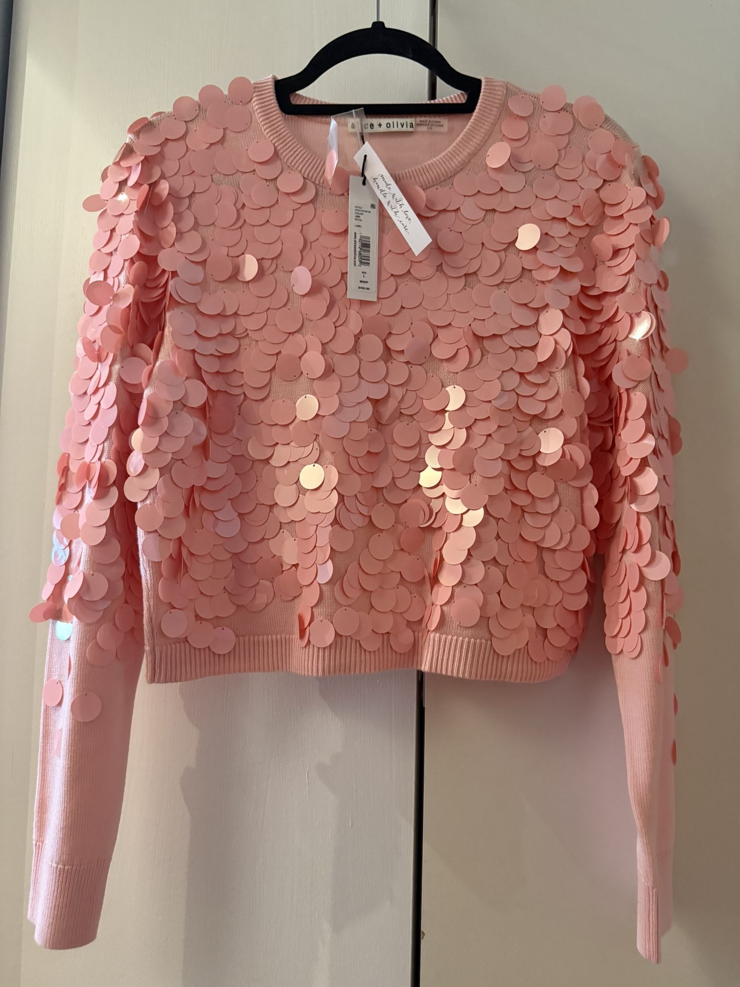 Alice + Olivia Delfina Sequin Wool Blend Sweater - Pink - Size L - photo 3