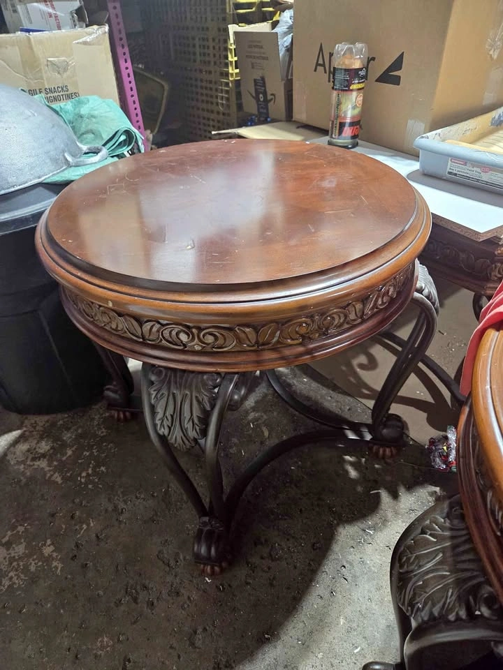 Ornate Round Wood and Metal End Tables