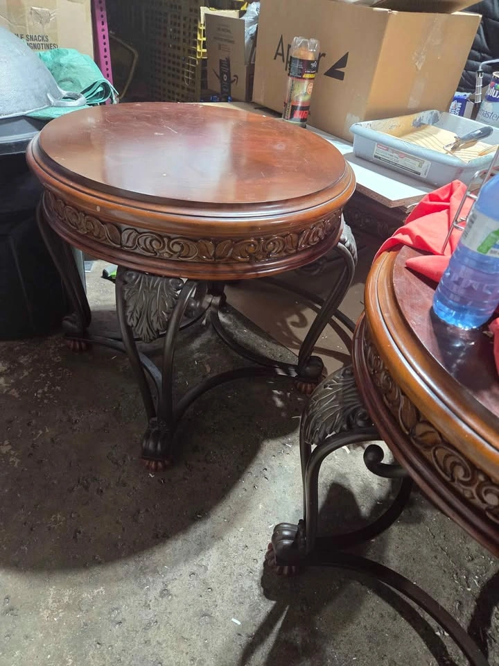 Ornate Round Wood and Metal End Tables - photo 2