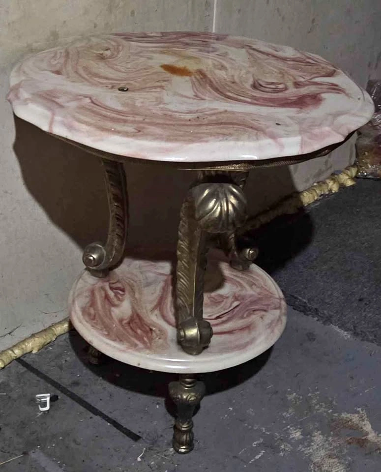 Pair of Vintage Pink Swirl Marble Top Side Table