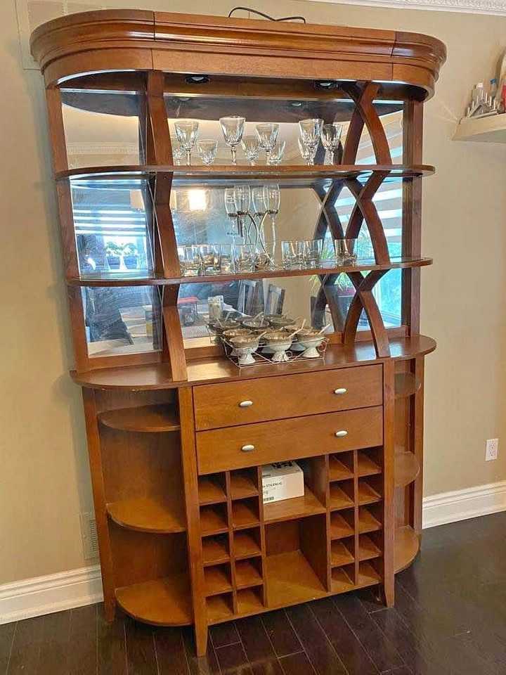 Wooden Wall Unit With Bar And Bar Stools