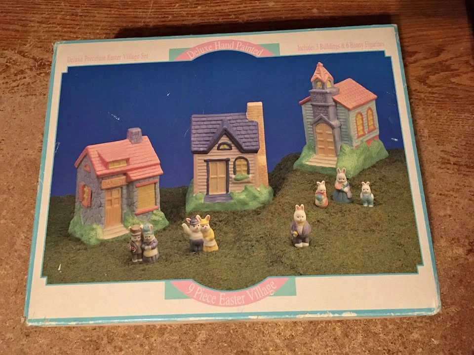 Hopalong Hollow Hand Painted Porcelain Easter Village - 9 Pieces