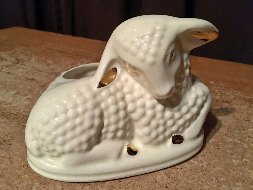 Vintage Ceramic Lamb Planter - Ivory w/ Gold