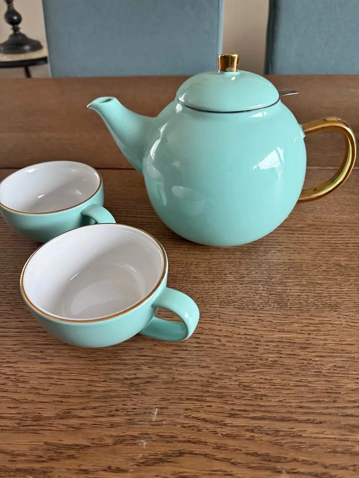 David’s Tea Bubble Teapot Set – Teal w/ Gold Handle + 2 Cups & I