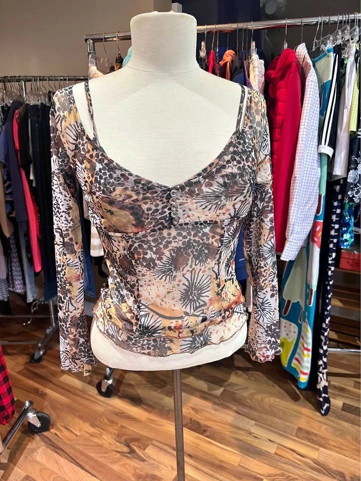New Sexy Long Sleeve Flower Print Fake 2-Piece Shirt - Large