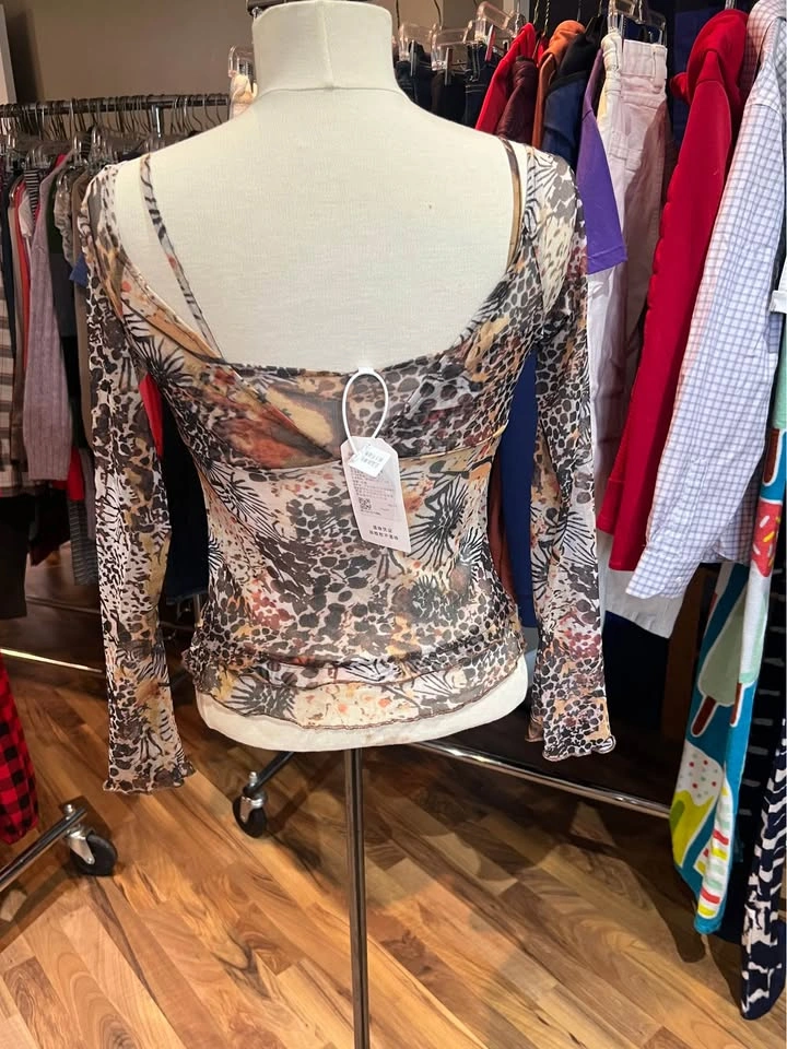 New Sexy Long Sleeve Flower Print Fake 2-Piece Shirt - Large - photo 3