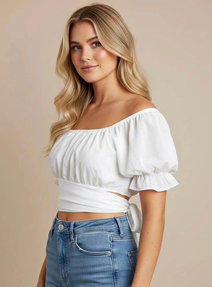 White Off Shoulder Crop Top Small Cottagecore Tie Waist Puff Sle