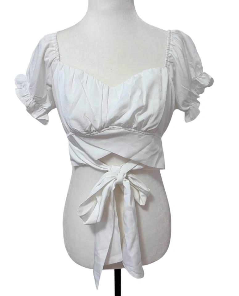 White Off Shoulder Crop Top Small Cottagecore Tie Waist Puff Sle - photo 2
