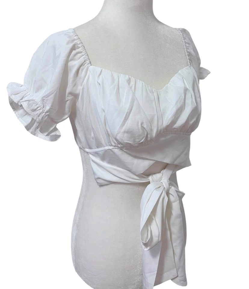 White Off Shoulder Crop Top Small Cottagecore Tie Waist Puff Sle - photo 3