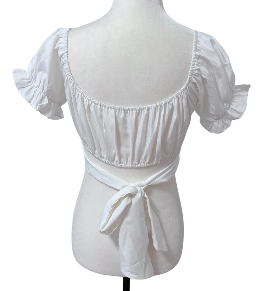 White Off Shoulder Crop Top Small Cottagecore Tie Waist Puff Sle - photo 4