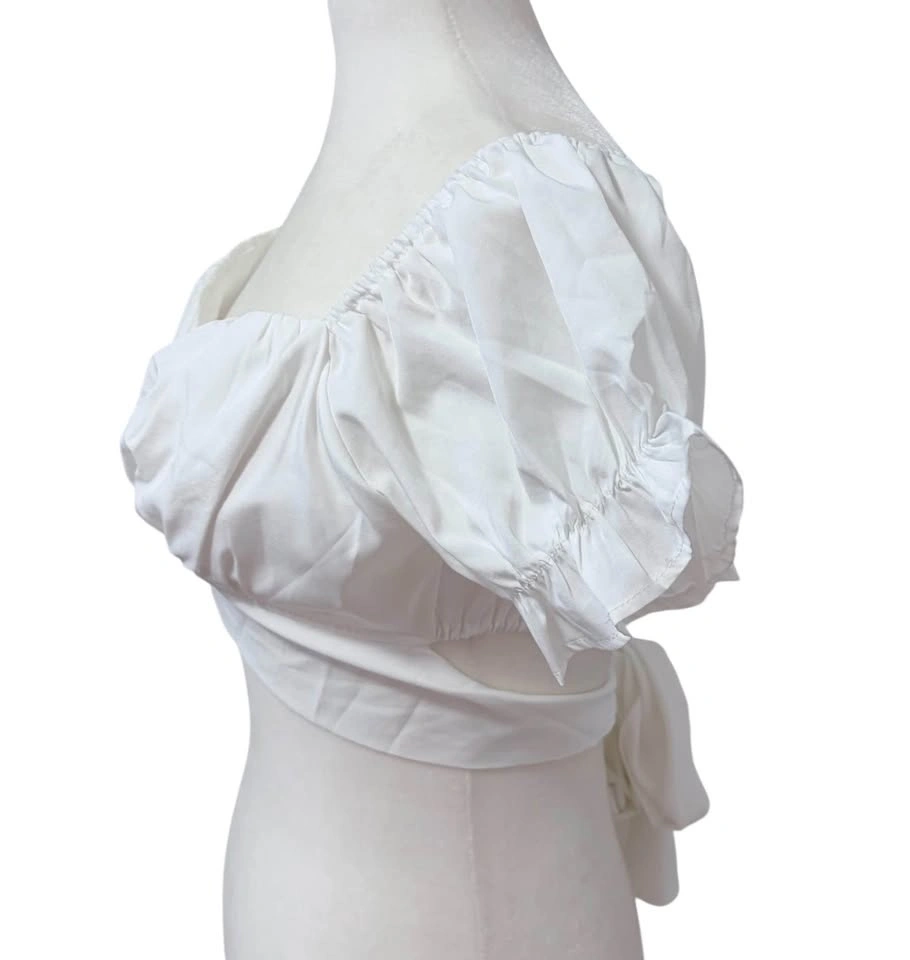 White Off Shoulder Crop Top Small Cottagecore Tie Waist Puff Sle - photo 5