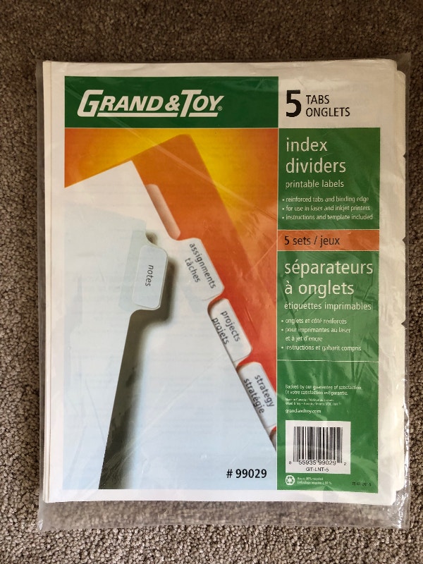 Grand & Toy Index Dividers, 25 ct