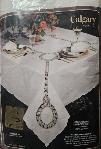 Handcrohet Embroidered Tablecloth 66x118 Oblong w/ 12 Napkins -