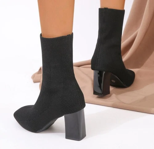 Simple Knit Elastic Socked Chunky Heel Ankle Boots - photo 2