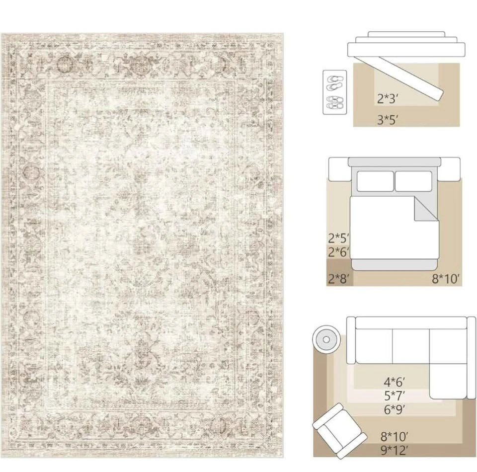 6x9 Washable Area Rug - Beige Vintage Neutral Distressed - photo 4