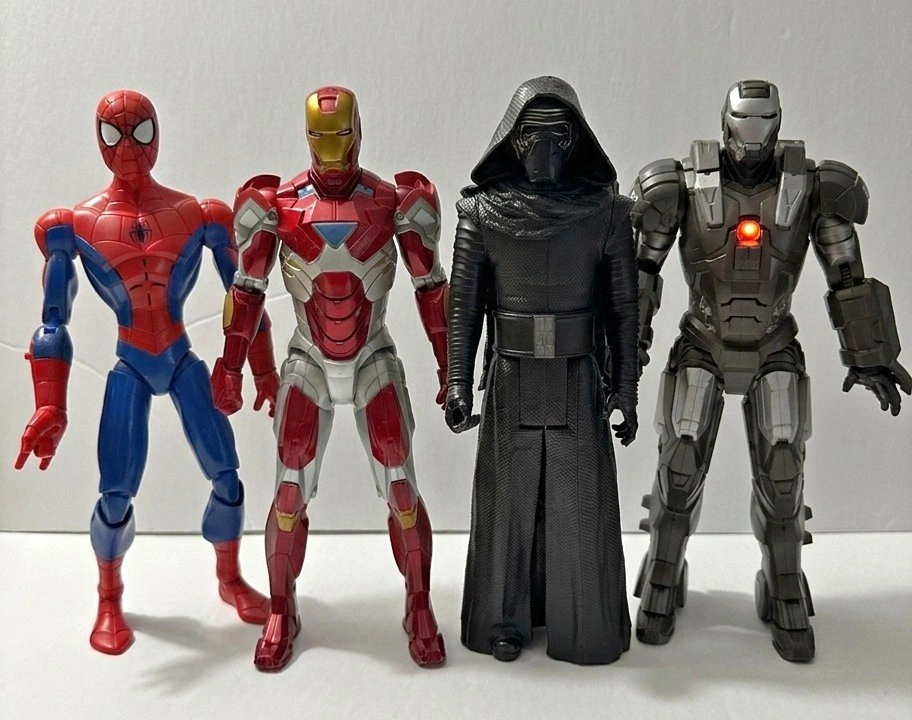 Lot of 4 Action Figures (10"-12") Spider-Man, Iron Man, Kylo Ren