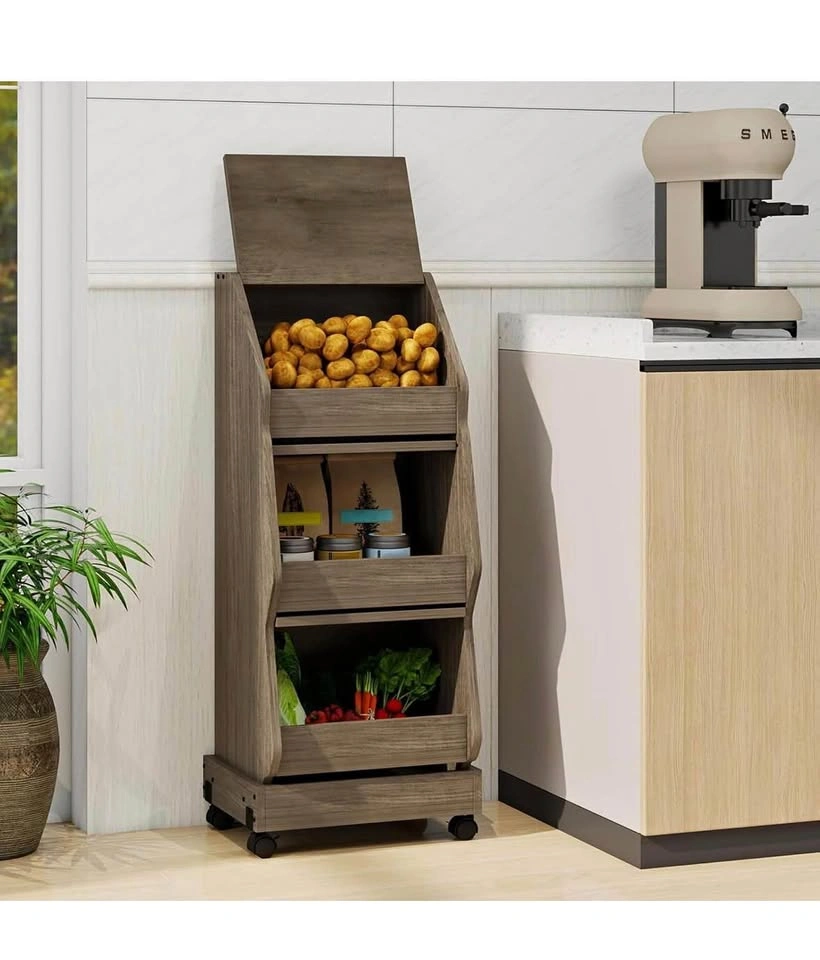 Wood Rolling Storage Cart 3 Tier 38in Tall