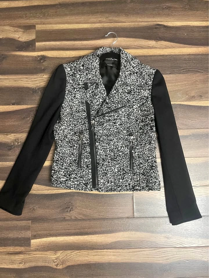 Tahari Black and White Tweed Moto Blazer