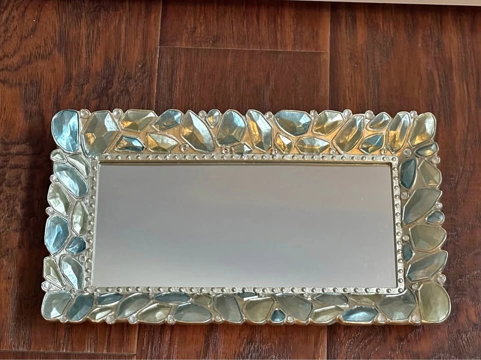 Beautiful Mirror Bottom Tray with Turquoise Stones Edge