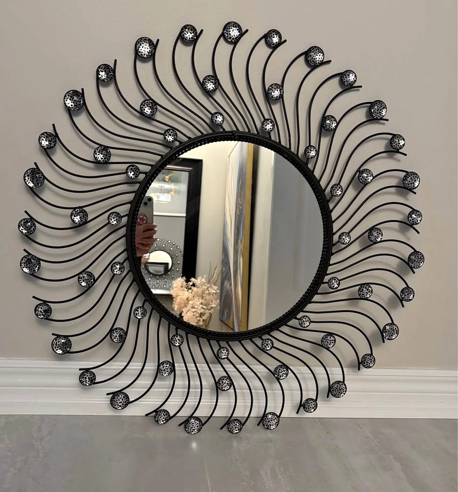 Round Black Frame Sunburst Mirror