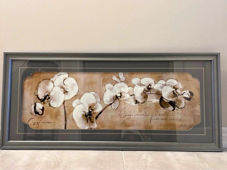 Pretty steel grey frame white orchids glass wall art