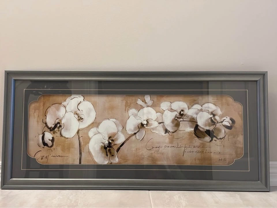 Pretty steel grey frame white orchids glass wall art - photo 4