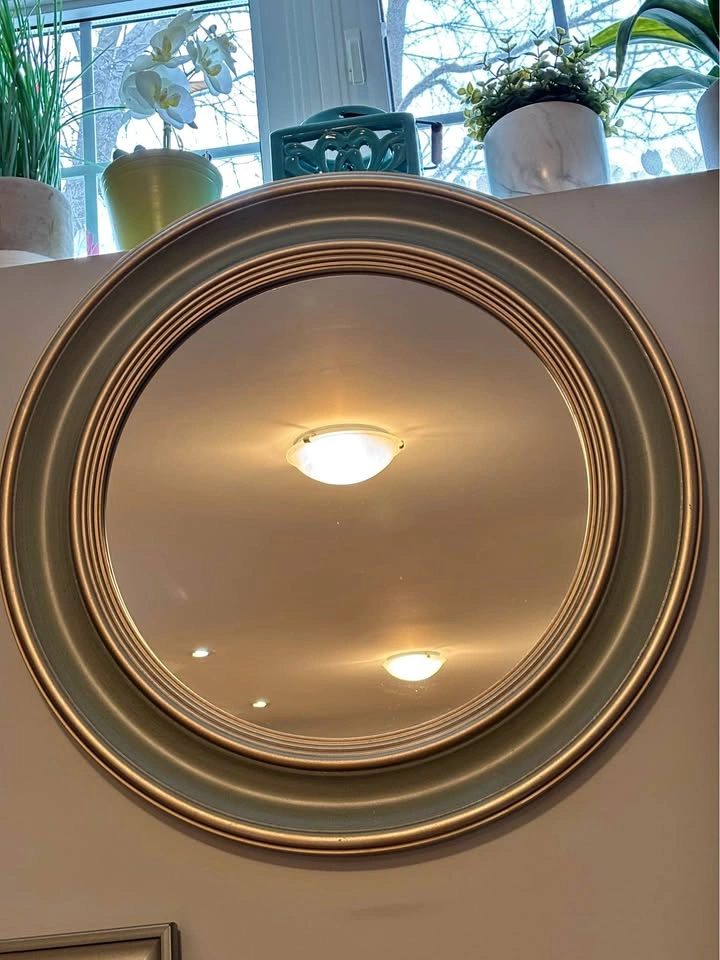 Unique round soft green/gold frame mirror