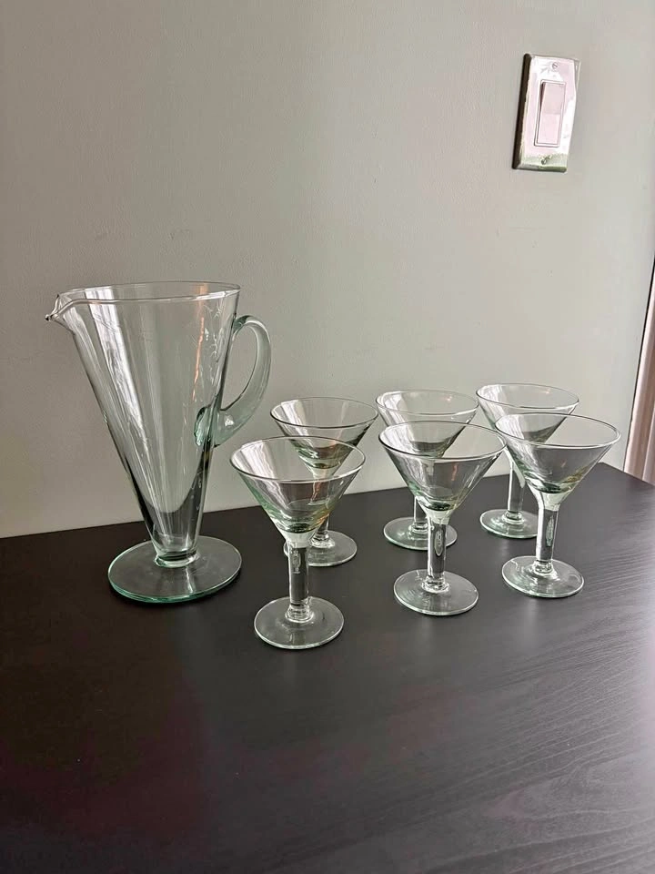 Vintage Glass Pitcher & Martini Glass Set (7 Pieces)